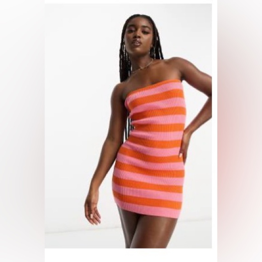 ASOS knitted bandeau mini dress in stripe in orange and pink